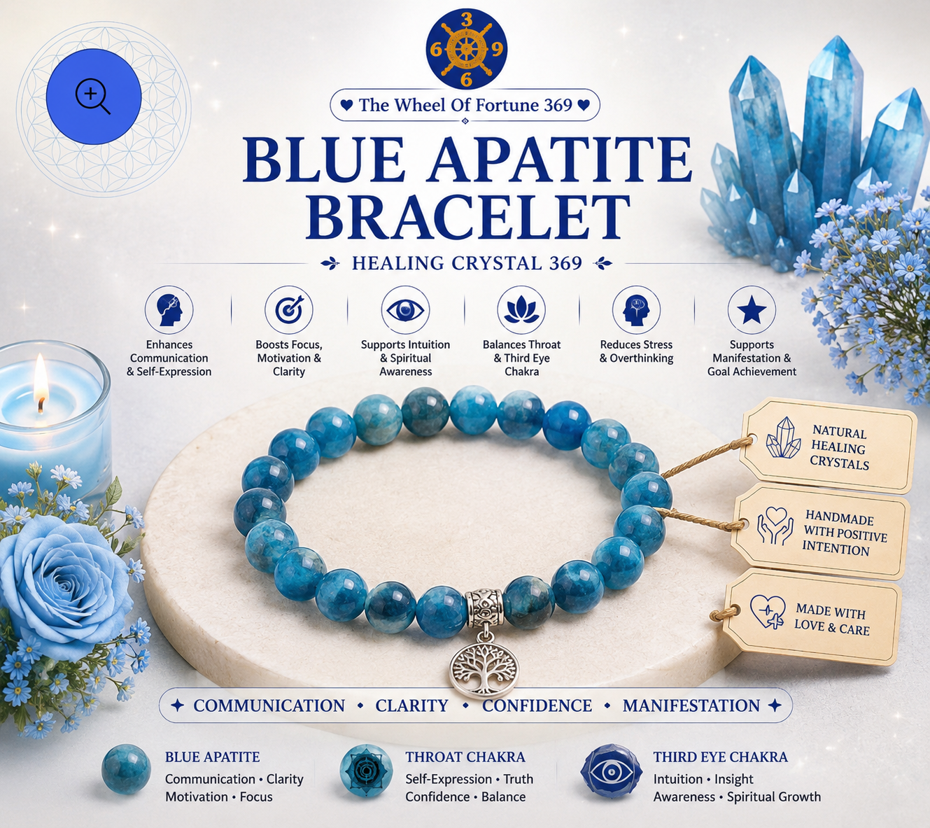 Blue Apatite Manifestation Bracelet for Thyroid ; Throat Chakra Support
