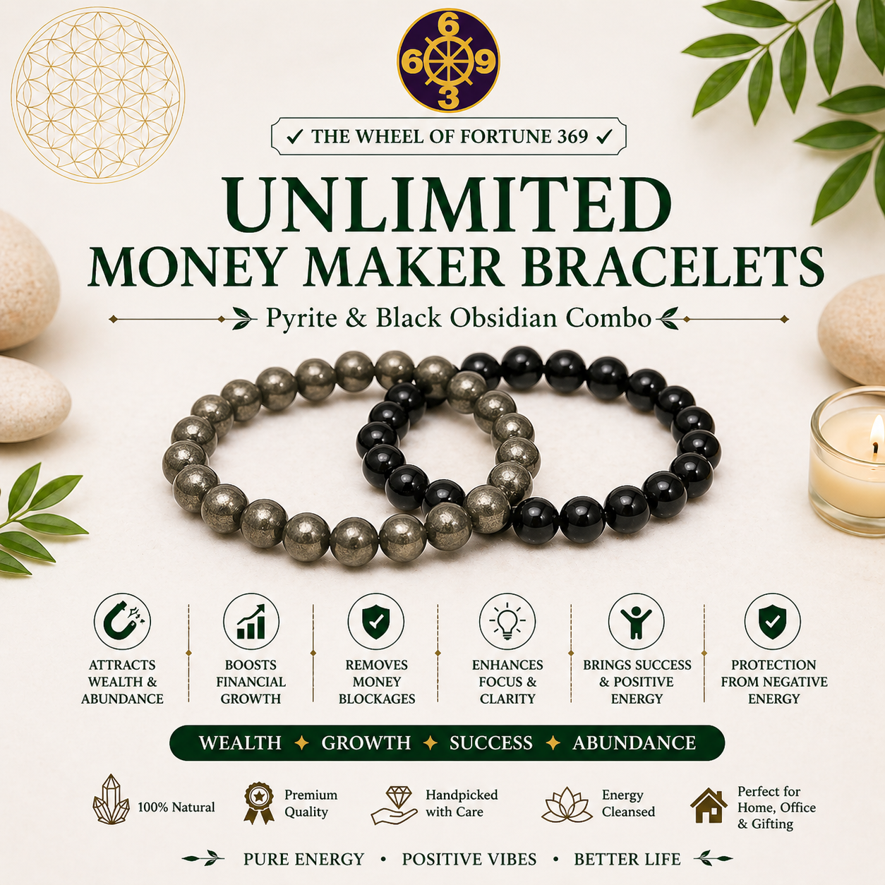 Unlimited Money Maker Bracelets Pyrite nd Black Obsidian combo
